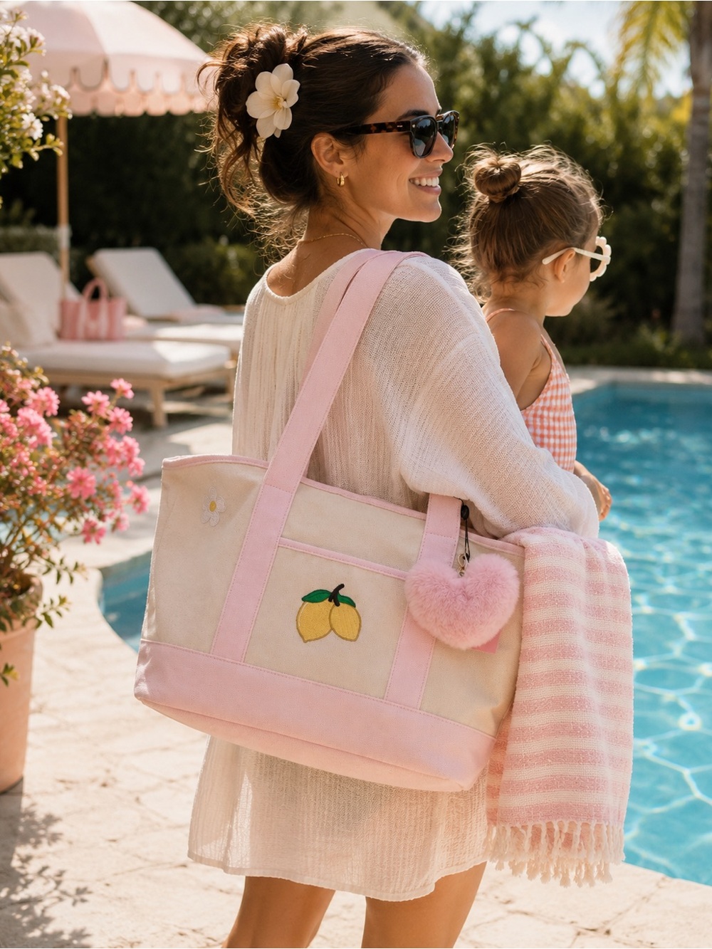 🍋💕 Lemon Embroidered Canvas Tote Bag Pink & Cream Pom Pom Charm Preppy Coquette